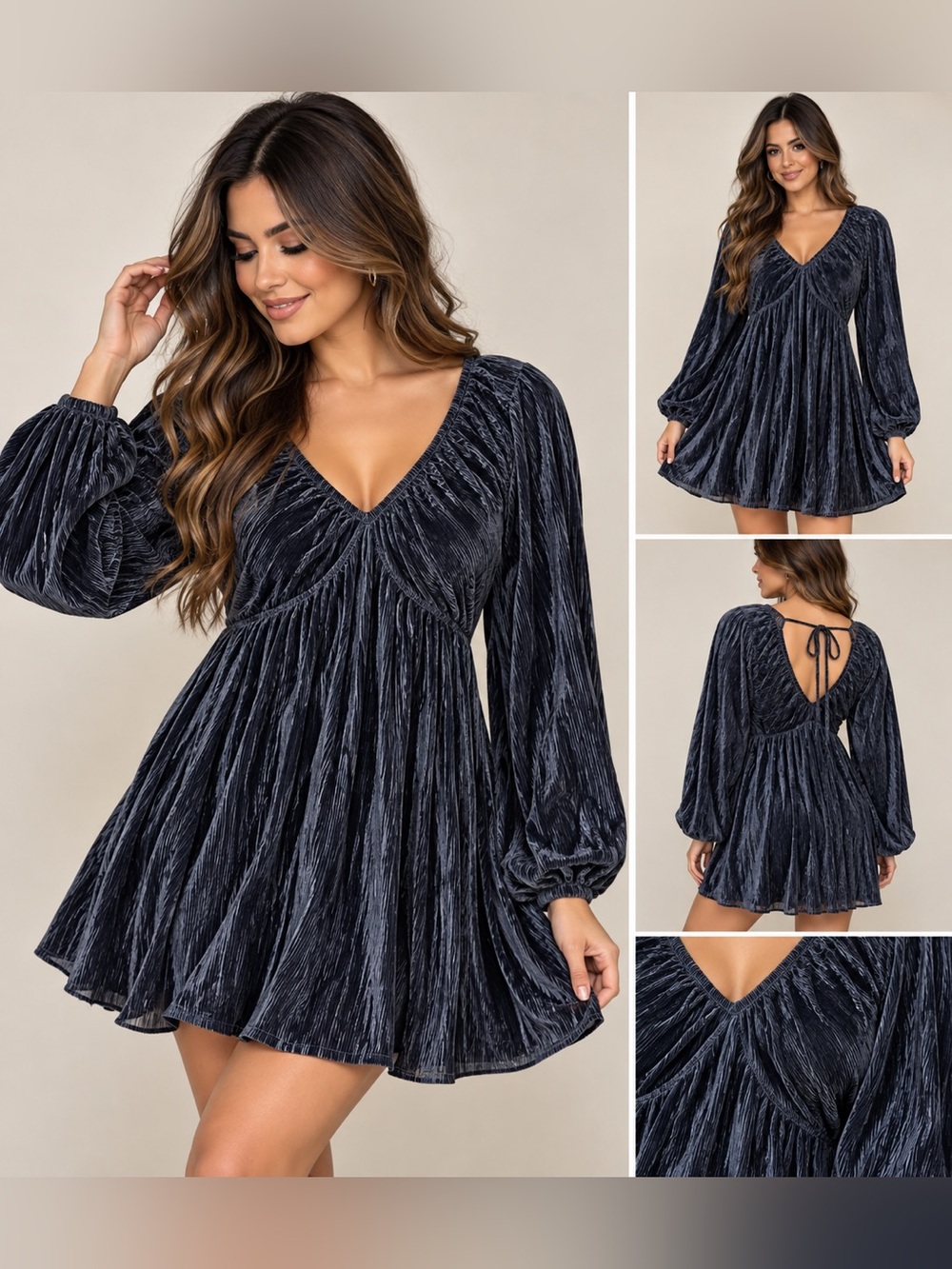 Miss Me Grey Crushed Velvet V-Neck Mini Dress